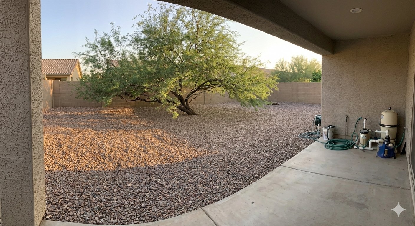 Backyard after: pruned tree, clean rock, tidy equipment area
