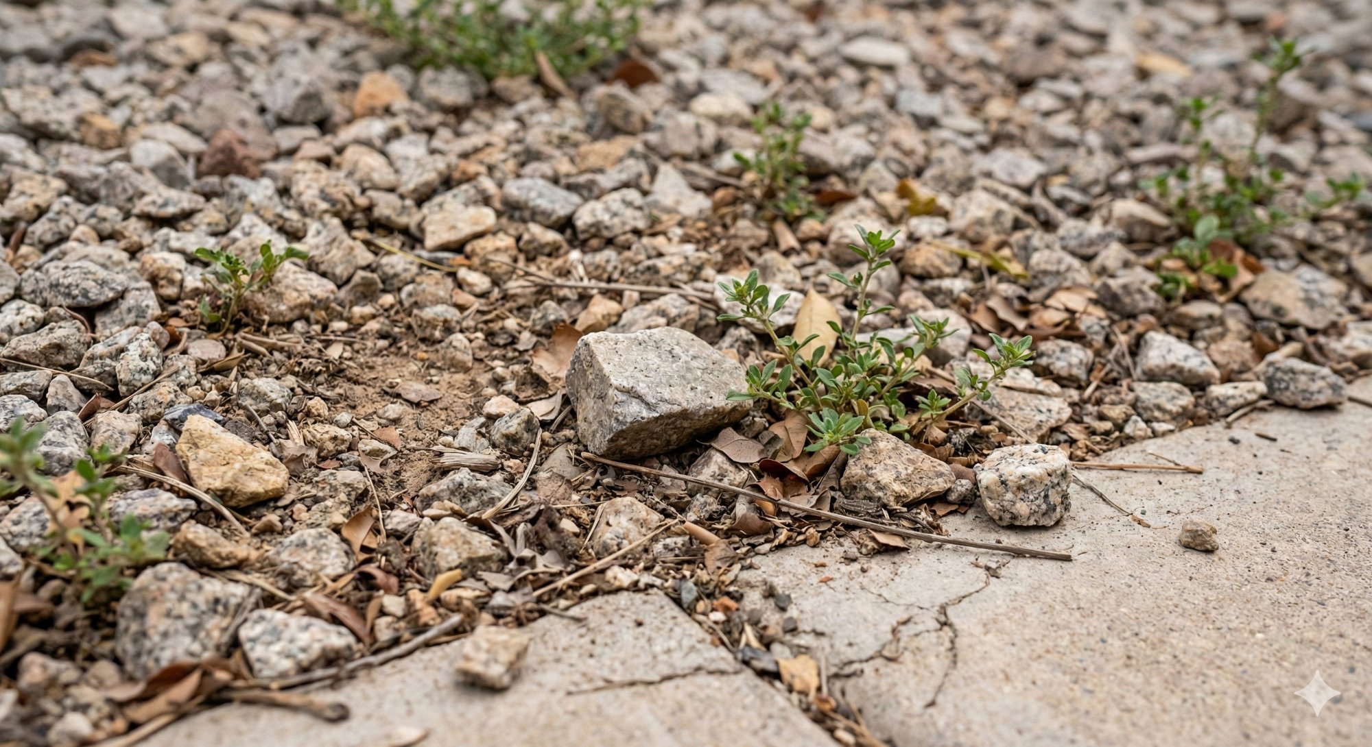 Gravel detail before: weeds, debris, messy edge