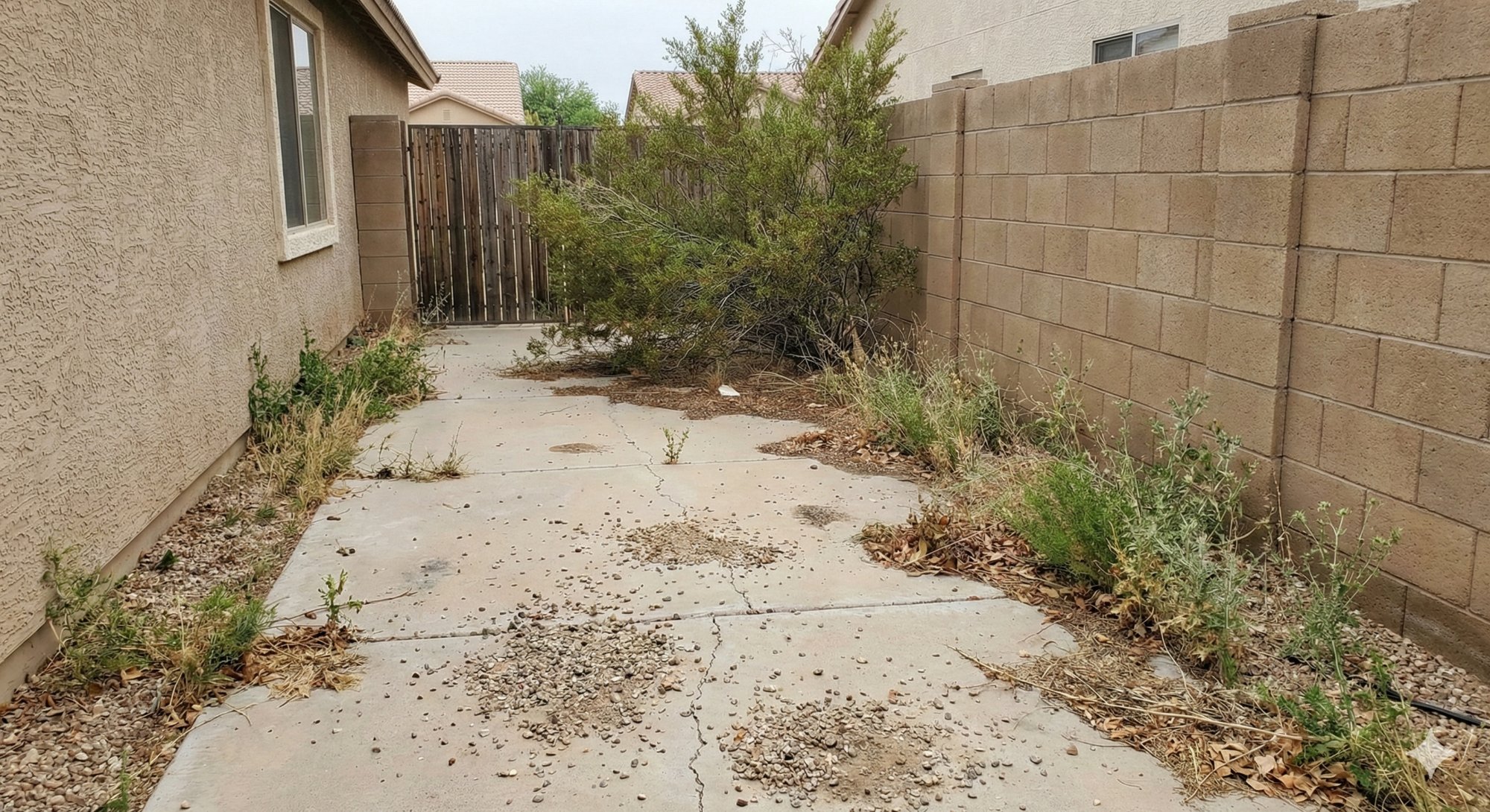 Side yard before: weeds, debris, overgrown