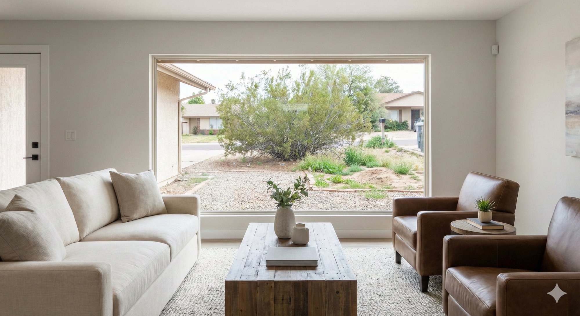 Staged interior with messy exterior visible through window